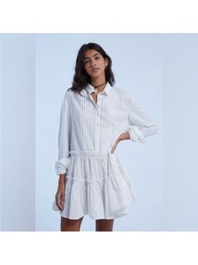 White Pintuck Tiered Mini Shirt Dress